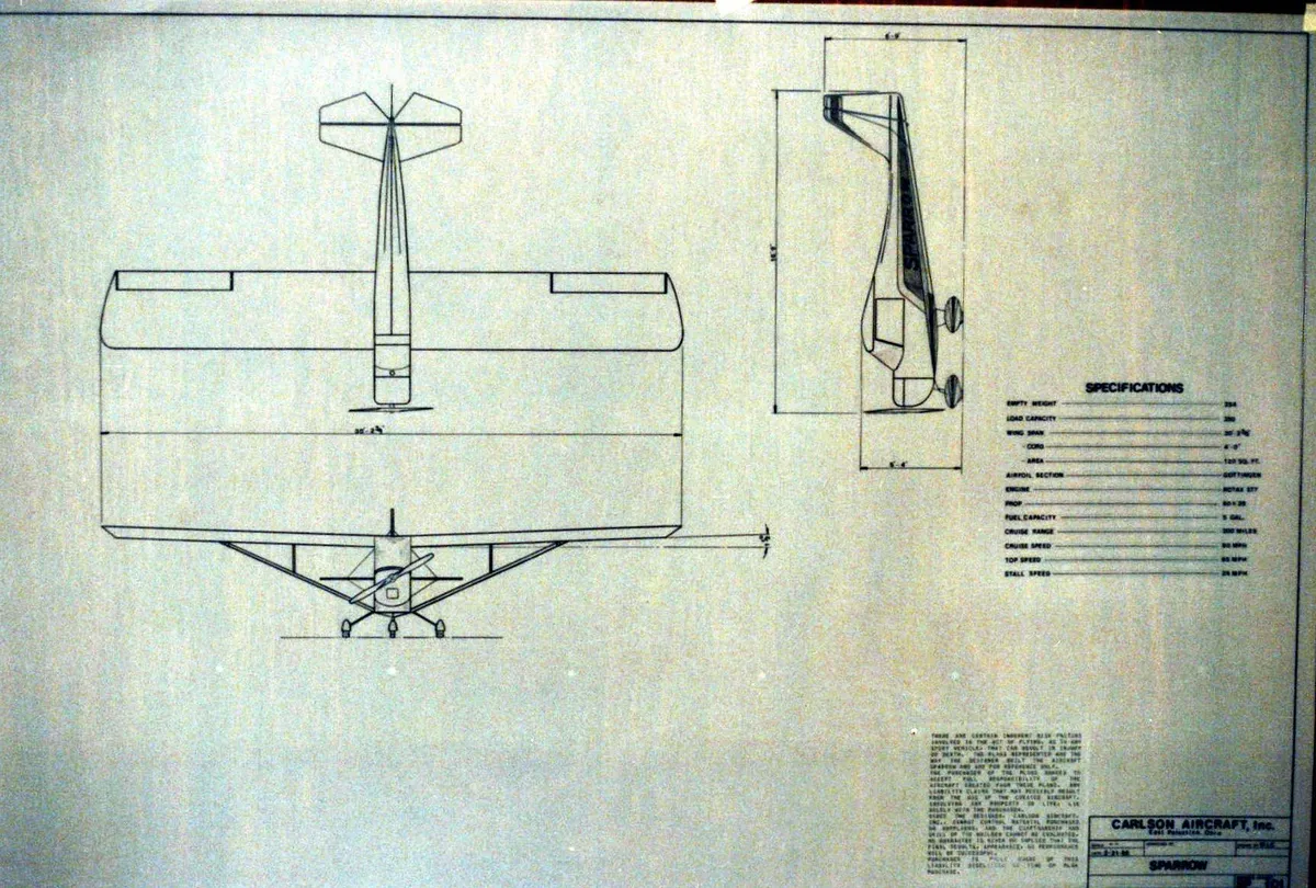 Original Carlson Aircraft three-view drawing of the Sparrow with a specifications table and title block