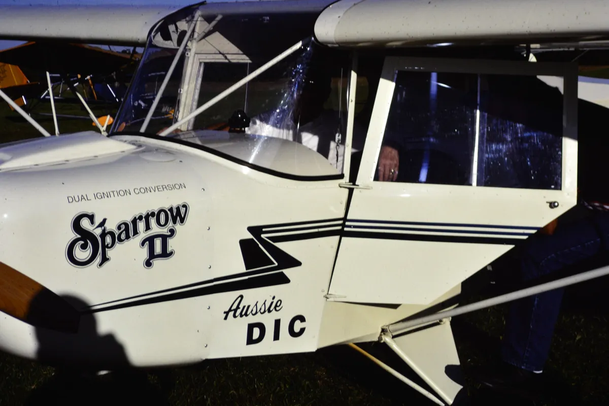 Close view of a Carlson Sparrow II cowling and windscreen with the Sparrow II lettering