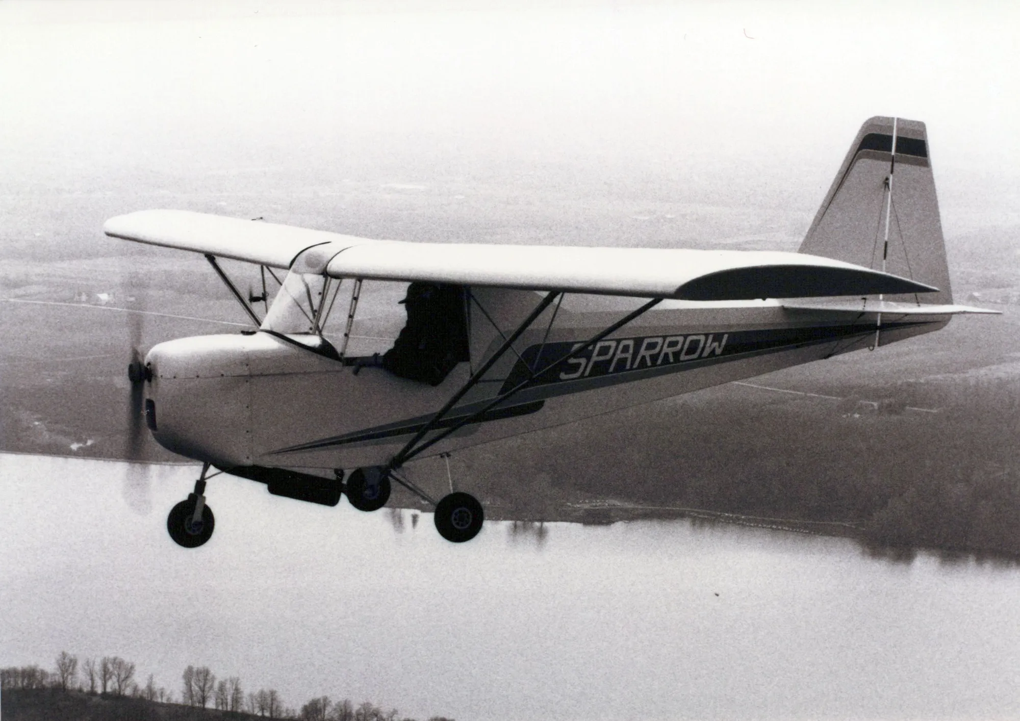 Black-and-white photograph of a Carlson Sparrow in flight over water